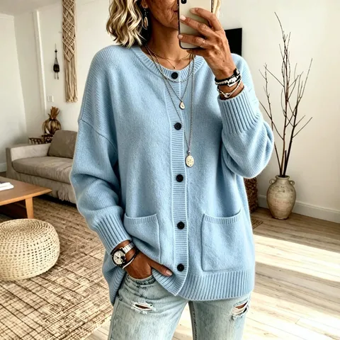 Cárdigan de Punto para Mujer Cuello Redondo Suéter Oversize Chaqueta Color Sólido Manga Larga Botones Outwear Con Bolsillos Casual Top