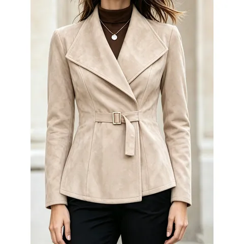 Chaqueta Ajustada Efecto Gamuza para Mujer Retro Cintura con Cinturón Solapa Manga Larga Poliéster Abrigo Corto Elegante Ropa de Abrigo