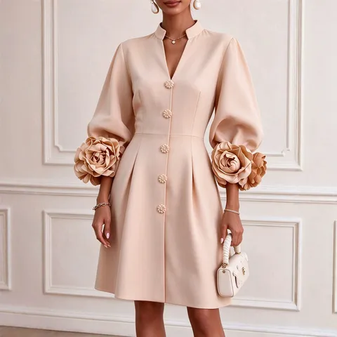 Vestido de Corte en A Elegante para Mujer con Cuello en V y Mangas Linterna con Flores 3D Color Sólido Cintura Ajustada Vestido de Fiesta Midi para Banquete de Boda
