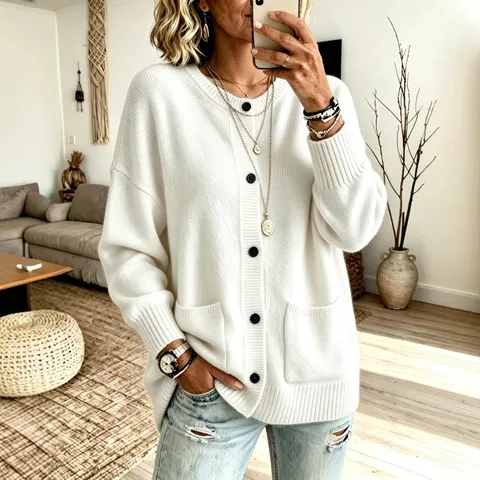 Cárdigan de Punto para Mujer Cuello Redondo Suéter Oversize Chaqueta Color Sólido Manga Larga Botones Outwear Con Bolsillos Casual Top