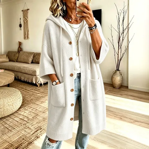 Cárdigan de Punto Con Capucha para Mujer Manga Larga Cordón Suéter Suelto Abrigo Con Bolsillos Color Sólido Casual para Mujer