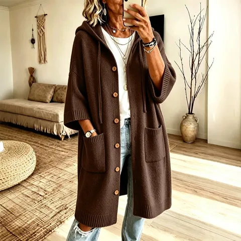 Cárdigan de Punto Con Capucha para Mujer Manga Larga Cordón Suéter Suelto Abrigo Con Bolsillos Color Sólido Casual para Mujer