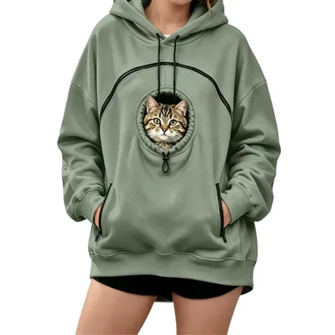 Women's Loose Cat Carrier Hoodie Fleece Lined Warm Sweatshirt Long Sleeve Zipper Pet Pouch Pullover Casual Winter Top