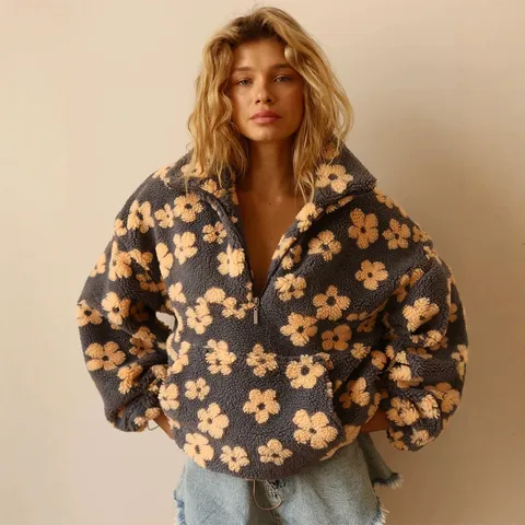 Dames Floral Polar Fleece Hoodie Halve Rits Pullover Losse Sweatshirt Warme Sherpa Grafische Jas Winter Streetwear Casual Top