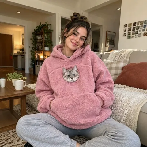 Women Faux Sherpa Hooded Sweatshirt Loose Fit Polyester Hoodie With Cat Pattern Kangaroo Pocket Casual Warm Winter Top
