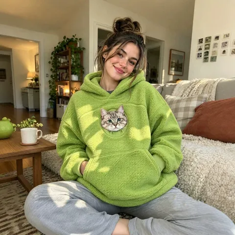 Women Faux Sherpa Hooded Sweatshirt Loose Fit Polyester Hoodie With Cat Pattern Kangaroo Pocket Casual Warm Winter Top