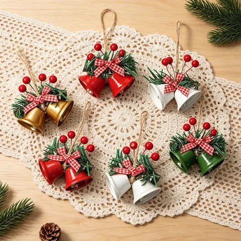 Christmas Tree Hanging Ornament Metal Bells with Plaid Bow Pine Needles Berries Holiday Showcase Bell Pendant Home Decor