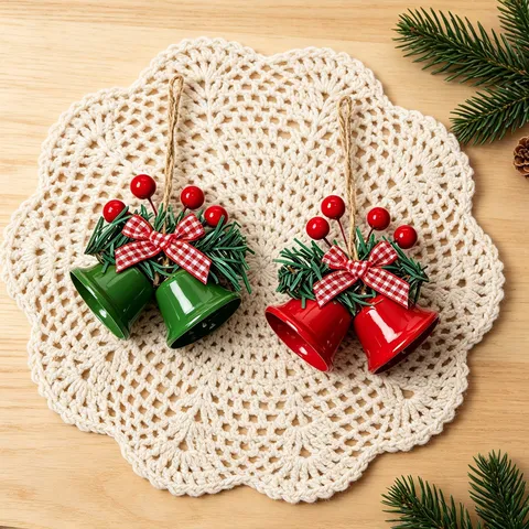 Christmas Tree Hanging Ornament Metal Bells with Plaid Bow Pine Needles Berries Holiday Showcase Bell Pendant Home Decor