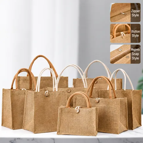 Bolso de Mano de Yute Ecológico Bolsa de Compras de Arpillera Reutilizable Bolso de Lino Sencillo Con Asa de Cuerda de Algodón Para Manualidades Bricolaje Embalaje de Regalo Supermercado