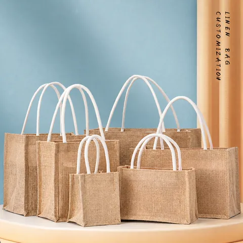 Bolso de Mano de Yute Ecológico Bolsa de Compras de Arpillera Reutilizable Bolso de Lino Sencillo Con Asa de Cuerda de Algodón Para Manualidades Bricolaje Embalaje de Regalo Supermercado