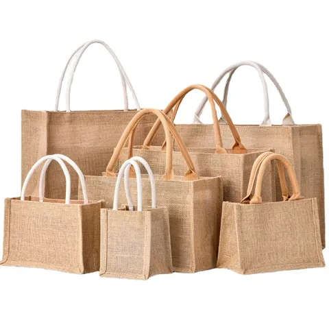 Bolso de Mano de Yute Ecológico Bolsa de Compras de Arpillera Reutilizable Bolso de Lino Sencillo Con Asa de Cuerda de Algodón Para Manualidades Bricolaje Embalaje de Regalo Supermercado