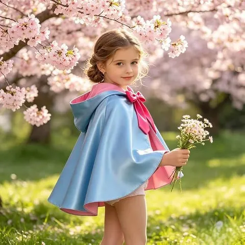 Girls Hooded Princess Cape Double Sided Satin Cloak For Halloween Party Cosplay Blue Pink Color Blocking Fairy Costume Outerwear