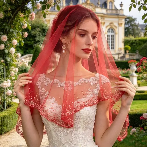 Voile de Mariée Vintage Décoré de Perles Court Voile en Tulle Rouge Blanc Pour Mariée Mariage Photographie Fête