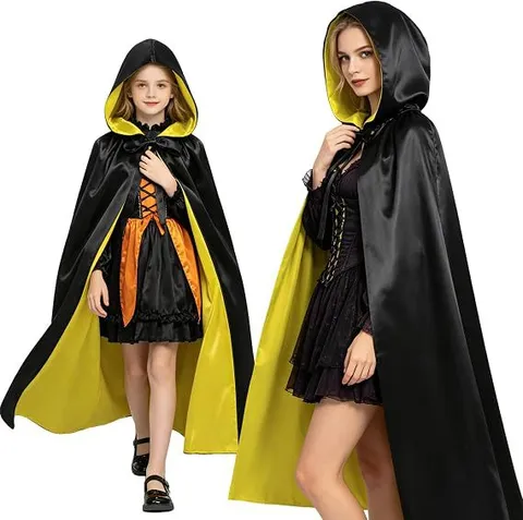 Reversible Halloween Hooded Cloak Double Layer Satin Vampire Witch Cape For Adults Kids Party Cosplay Costume Accessories