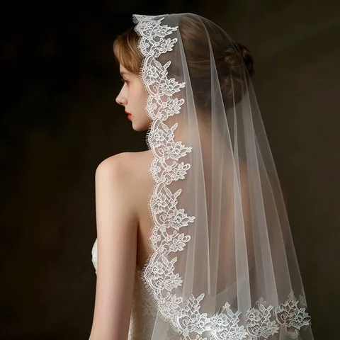 Voile de Mariée en Dentelle Cils Français Tulle Souple Transparent Coiffe pour Femmes Boho Floral Voile Bordure Dentelle