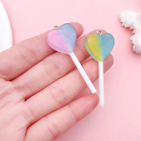 DIY Resin Gradient Heart Lollipop Charms Colorful Glitter Food Pendants For Jewelry Making Keychain Bag Accessories Craft Supplies