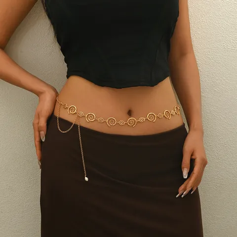 Catena da Vita in Metallo Dorato Vintage da Donna Catena a Più Strati con Spirale e Perla Artificiale per Accessori Abiti Gioielli