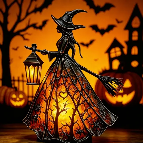 Halloween Leuchtende Hexenfigur Harz Kürbis Laterne Ornament Vintage Desktop LED Gespensterlampe Für Haus Party Deko Geschenk