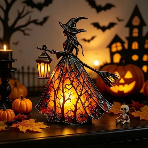 Halloween Glowing Witch Figurine Resin Pumpkin Lantern Ornament Vintage Desktop LED Ghost Lamp For Home Party Decor Holiday Gift