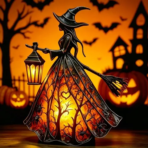 Halloween Glowing Witch Figurine Resin Pumpkin Lantern Ornament Vintage Desktop LED Ghost Lamp For Home Party Decor Holiday Gift