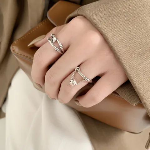 Vintage Silver Color Copper Open Rings For Women Personalized Chain Link Smile Face Happy Ring Korean Style Adjustable Fashion Jewelry Gift