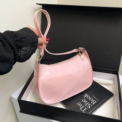 Women Fashion Glossy Patent PU Leather Underarm Bag Small Square Shoulder Bag Urban Simple Casual Commute Purse Handbag Solid Color