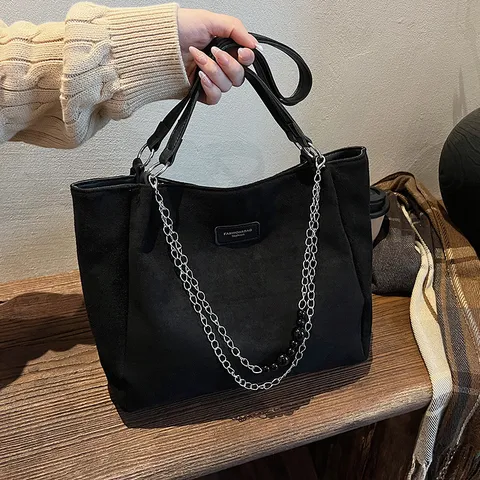 Sac Cabas Épaule Femme en Suède Vintage Grande Capacité Sac Sous-bras Minimaliste Avec Chaîne Métallique Et Perles Pour Quotidien