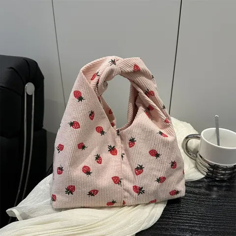 Bolso Tote de Pana con Estampado de Fresa para Mujer Asa con Nudo Bolso de Hombro para Desplazamientos Diarios para Damas