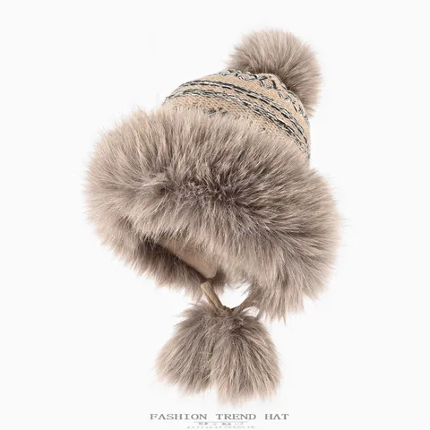 Vintage Faux Fox Fur Knit Trapper Hat For Women Winter Thickened Plush Ear Protection Ushanka Ski Lei Feng Cap With Pom Poms