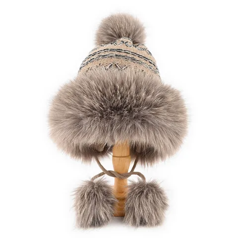 Vintage Faux Fox Fur Knit Trapper Hat For Women Winter Thickened Plush Ear Protection Ushanka Ski Lei Feng Cap With Pom Poms