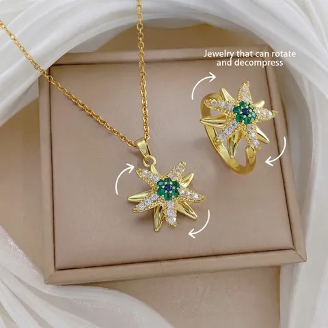 Collana o Anello a Stella Rotante Accessorio Gioielli Rame Zirconia Verde Smeraldo Gioielli Antistress per Donna
