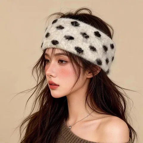 Damen Winter Strick Stirnband Punktemuster Breit Flauschig Ohrenwärmer Kopfband Retro Warm Haaraccessoires Für Kaltes Wetter