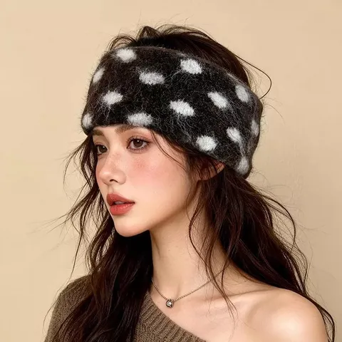 Damen Winter Strick Stirnband Punktemuster Breit Flauschig Ohrenwärmer Kopfband Retro Warm Haaraccessoires Für Kaltes Wetter