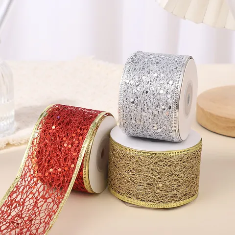 Glitter Metallic Hollow Mesh Ribbon Christmas Decoration Bow Making Gift Wrapping Webbing Polyester Decorative Tape Volume