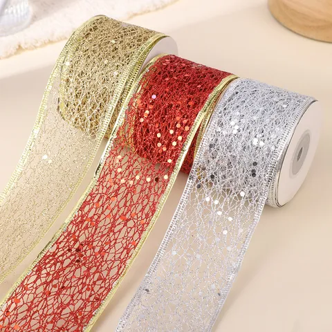 Glitter Metallic Hollow Mesh Ribbon Christmas Decoration Bow Making Gift Wrapping Webbing Polyester Decorative Tape Volume