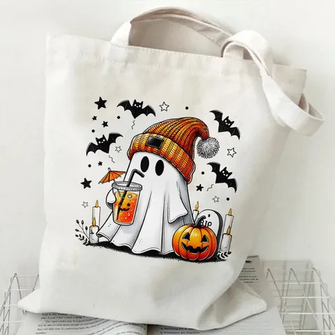 Bolso Tote de Lona Estampado de Calabaza Fantasma Lindo de Halloween Bolso de Hombro de Gran Capacidad Bolso de Compras Casual para Mujeres Estudiantes