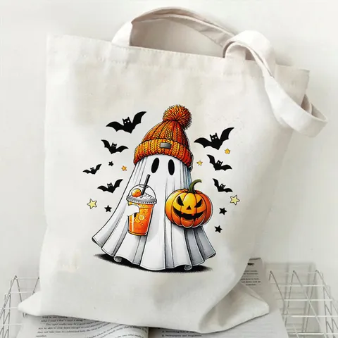 Bolso Tote de Lona Estampado de Calabaza Fantasma Lindo de Halloween Bolso de Hombro de Gran Capacidad Bolso de Compras Casual para Mujeres Estudiantes