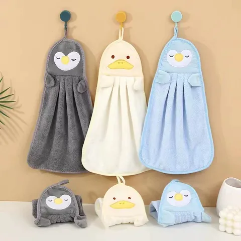 Cute Cartoon Animal Hand Towel Super Absorbent Coral Velvet Hanging Towel For Kitchen Bathroom Penguin Duck Soft Towel
