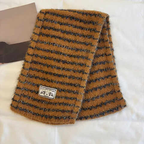 Korean Style Double Sided Wavy Knitted Scarf For Women Soft Warm Autumn Winter Striped Jacquard Neck Warmer Preppy Casual Fashion Accessory