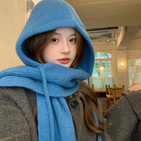Winter Warm Balaclava Women Knitted Integrated Hat Scarf Ribbed Solid Color Ear Protection Drawstring Hooded Scarf Outdoor Neck Warmer