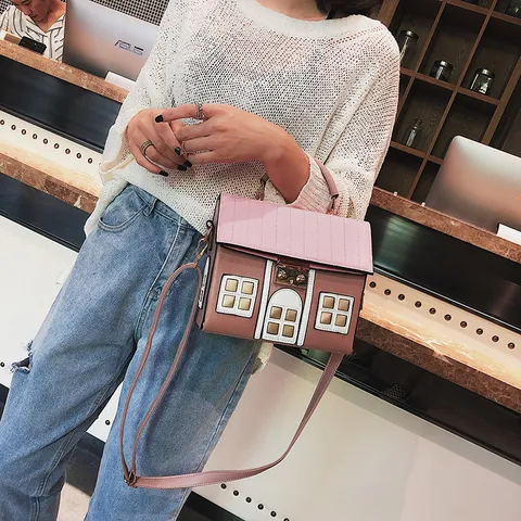 Creative House Shaped Crossbody Bag Funny Contrast Color PU Leather Handbag For Women Trendy Street Style Shoulder Bag