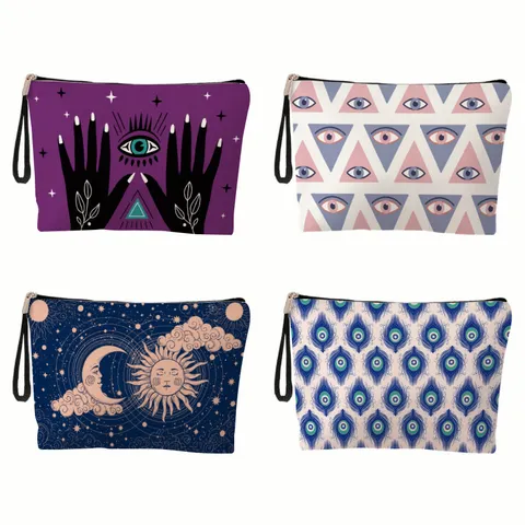 Bolsa de Cosméticos para Mujer Estampado Ojo Turco Estuche de Maquillaje de Lino Portátil Neceser de Viaje con Cremallera Bolsa de Almacenamiento con Correa de Muñeca Organizador Estilo Místico