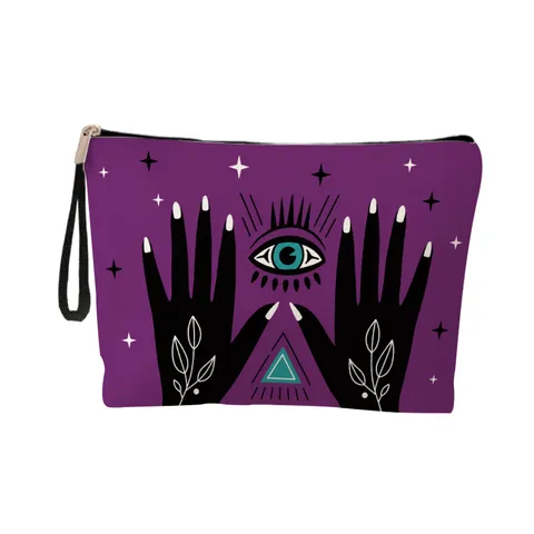 Bolsa de Cosméticos para Mujer Estampado Ojo Turco Estuche de Maquillaje de Lino Portátil Neceser de Viaje con Cremallera Bolsa de Almacenamiento con Correa de Muñeca Organizador Estilo Místico
