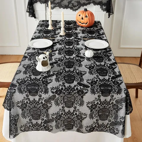 Halloween Black Lace Tablecloth Gothic Skull Pattern Table Runner For Haunted House Holiday Party Kitchen Home Decor