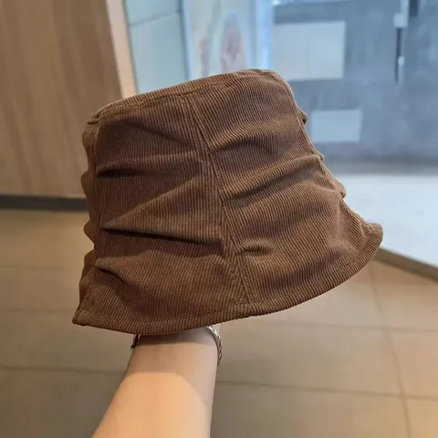 Vintage Corduroy Pleated Bucket Hat For Women Solid Color Maillard Style Sunshade Soft Foldable Warm Fisherman Hat