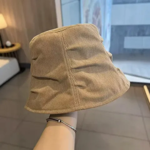Vintage Corduroy Pleated Bucket Hat For Women Solid Color Maillard Style Sunshade Soft Foldable Warm Fisherman Hat