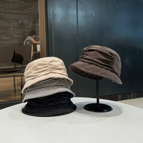 Vintage Pleated Corduroy Bucket Hat For Women Autumn Winter Warm Foldable Adjustable Wide Brim Solid Color Basin Hat Fashion Accessories