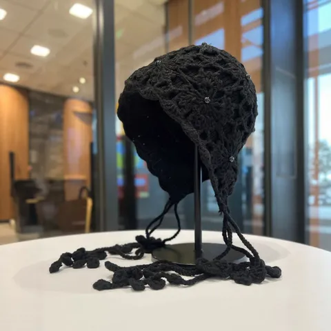 Gorro de Protección Auditiva de Punto Calado de Ganchillo Hecho a Mano para Mujer Mezcla de Acrílico Gorro de Invierno Cálido