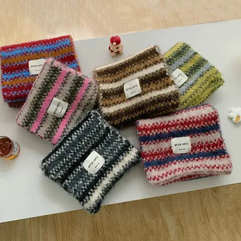 Bufanda de Punto Vintage Fair Isle Mujer Invierno Bloque de Color Mezcla de Lana Bufanda Cálida Gruesa Calentador de Cuello Chal