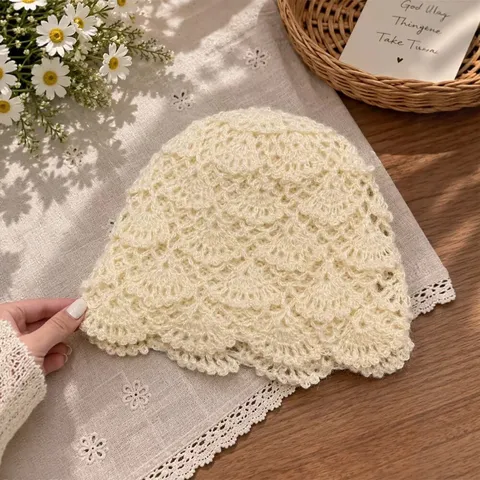 Gorro de Punto de Ganchillo Hecho a Mano Retro Con Flor 3D Para Mujer Invierno Cálido Boina De Algodón Color Sólido